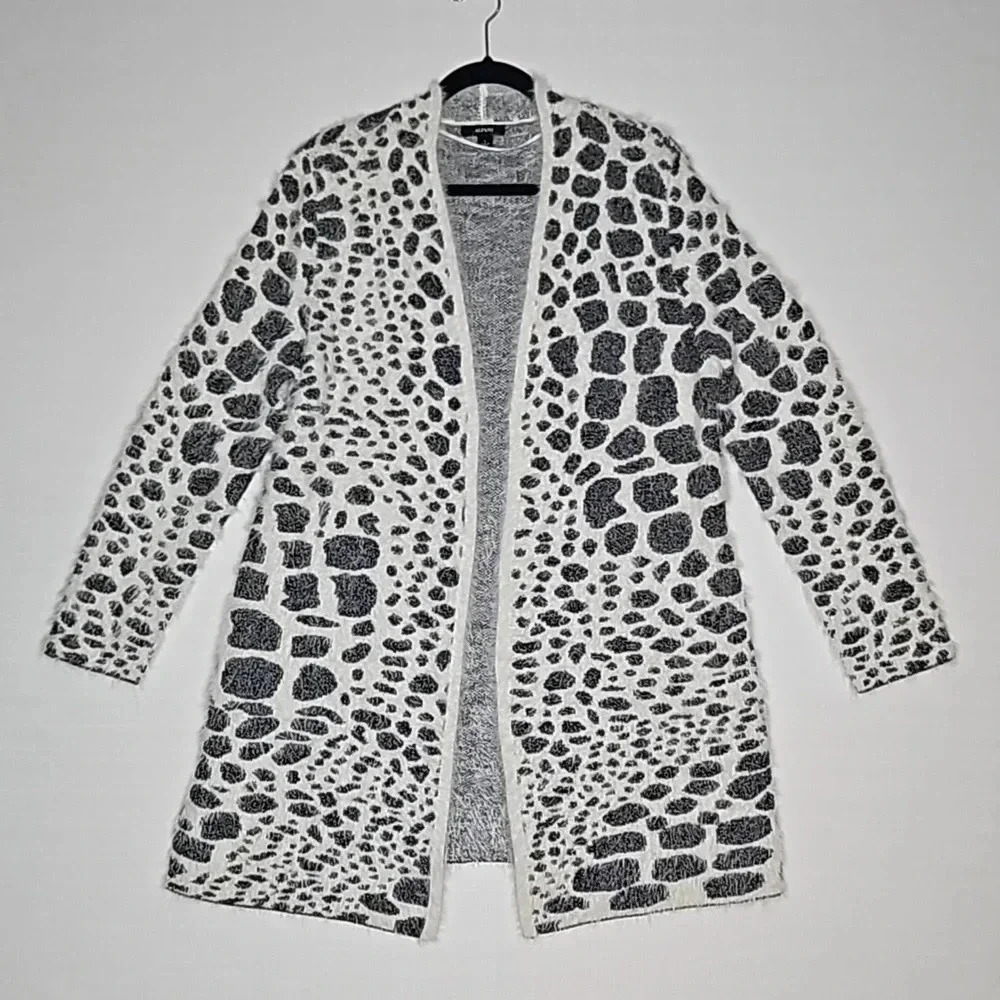 Alfani Cozy Soft Fuzzy Animal Print Black and White Long Sleeve Cardigan Large